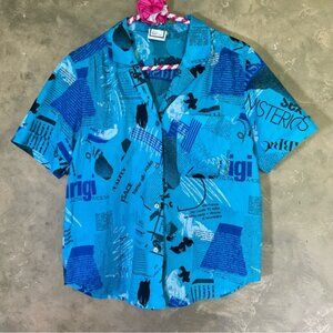 Vintage 80s Sweet Baby Jane Abstract Newspaper Graphic Button Down Top